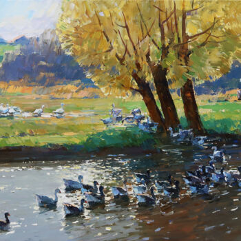 Malarstwo zatytułowany „Sunny Pond” autorstwa Aleksander Kryushyn, Oryginalna praca, Olej Zamontowany na Drewniana rama noszy