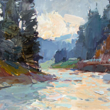 Peinture intitulée "River in the Carpat…" par Aleksander Kryushyn, Œuvre d'art originale, Huile