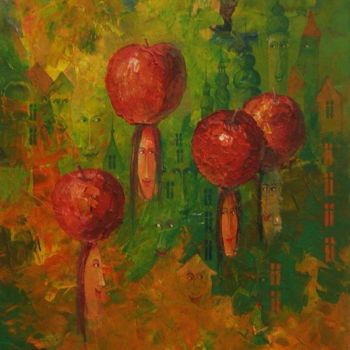 Painting titled "Zielone Miasto / Gr…" by Krzysztof Lozowski, Original Artwork, Acrylic