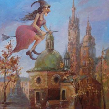 Pintura titulada "Krakow z Babą Jagą" por Krzysztof Lozowski, Obra de arte original