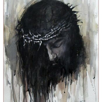 Painting titled "Chrystus w koronie…" by Krzysztof Lozowski, Original Artwork, Watercolor