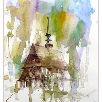 Malarstwo zatytułowany „Church” autorstwa Krzysztof Lozowski, Oryginalna praca, Akwarela
