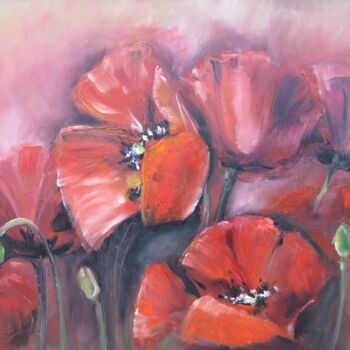 Ζωγραφική με τίτλο "Deep Red Poppies Fl…" από Kselma Randvald, Αυθεντικά έργα τέχνης, Λάδι Τοποθετήθηκε στο Ξύλινο φορείο σκ…