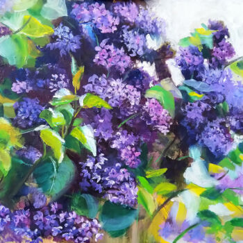 Painting titled "Blooming Lilac Bran…" by Kselma Randvald, Original Artwork, Oil Mounted on Wood Stretcher frame