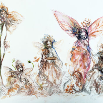 Disegno intitolato "Dream Fairy's Gathe…" da Kselma Randvald, Opera d'arte originale, Acquarello