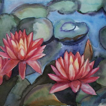 Painting titled "Pink water lilies." by Ksana Kuznezova, Original Artwork, Watercolor