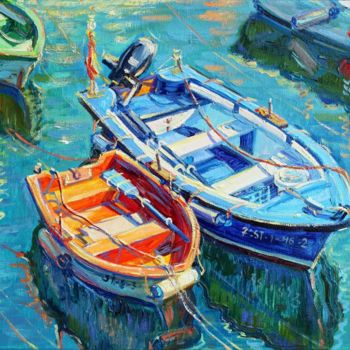 Painting titled "Boats in the sun" by Ksenia Filippova, Original Artwork, Oil