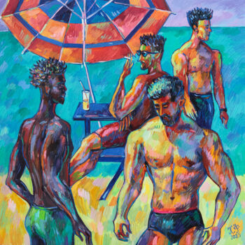 Painting titled "Four Beach Figures" by Ksenia Filippova, Original Artwork, Oil