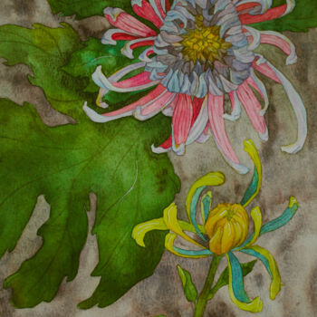 Картина под названием "японские хризантемы" - Ксения Тарасова, Подлинное произведение искусства, Акварель