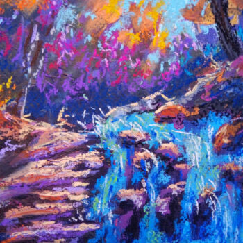 Pintura titulada "Autumn waterfall" por Ksenia Tsyganyuk, Obra de arte original, Pastel