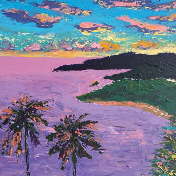 Painting titled "Purple evening on t…" by Ksenia Tsyganyuk, Original Artwork, Acrylic Mounted on Cardboard