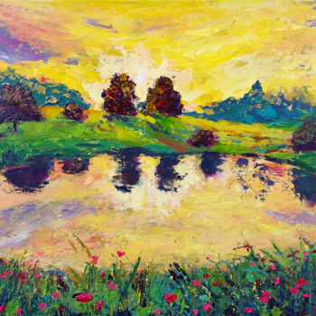 Painting titled "Peace. Sunset Lands…" by Ksenia Tsyganyuk, Original Artwork, Acrylic Mounted on Wood Stretcher frame