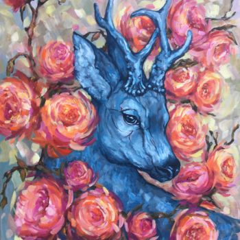 Peinture intitulée "Deer in flowers." par Ksenia Del Bono, Œuvre d'art originale, Huile