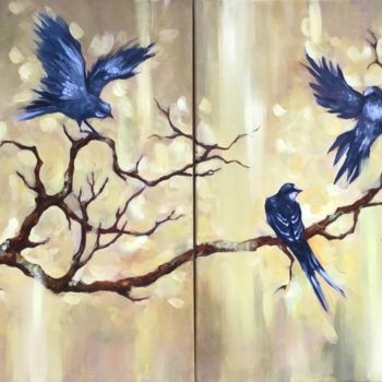 Peinture intitulée "Birds on a branch." par Ksenia Del Bono, Œuvre d'art originale, Huile