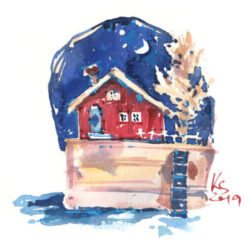 Painting titled ""Red House by the S…" by Ksenia Selianko, Original Artwork, Watercolor