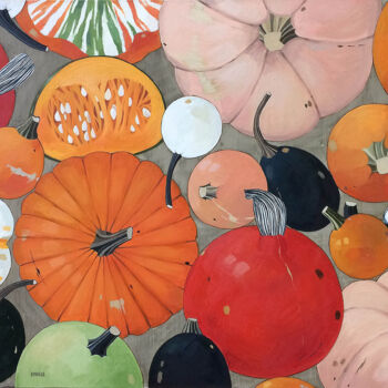 Painting titled "Pumpkins. October" by Kseniia Berestova, Original Artwork, Oil Mounted on Wood Stretcher frame