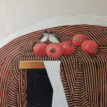 Painting titled "Pomegranates and si…" by Kseniia Berestova, Original Artwork, Oil Mounted on Wood Stretcher frame