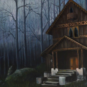 Painting titled "The house with secr…" by Ksenya Morozova, Original Artwork, Oil Mounted on Wood Stretcher frame