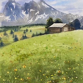 Painting titled "Summer Alps" by Kseniia Tikhomirova, Original Artwork, Watercolor