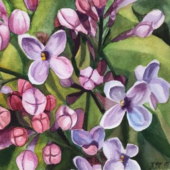 Malerei mit dem Titel "Lilac flowers close…" von Kseniia Tikhomirova, Original-Kunstwerk, Aquarell