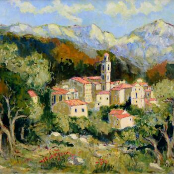 Painting titled "VILLAGE CORSE  MONT…" by Kulhaneck, Original Artwork, Oil