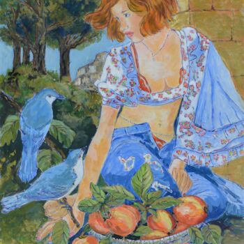 Painting titled "FEMME AUX OISEAUX" by Kulhaneck, Original Artwork, Oil