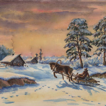 Painting titled "Вечер перед Рождест…" by Nikolai Kulygin, Original Artwork, Watercolor
