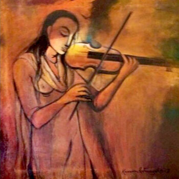 Schilderij getiteld "Young Violinist" door Kumara Rathnayaka, Origineel Kunstwerk, Acryl Gemonteerd op Frame voor houten bra…