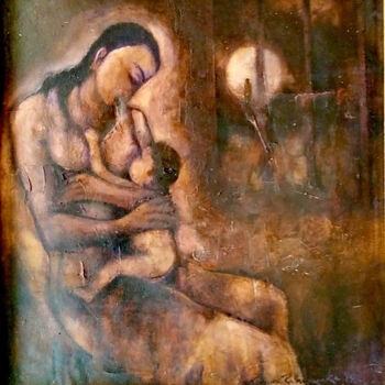 Malarstwo zatytułowany „Mother and Child” autorstwa Kumara Rathnayaka, Oryginalna praca, Akryl Zamontowany na Drewniana rama…