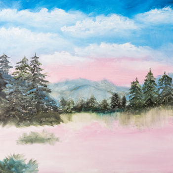 Painting titled "Landscape in pink" by Pupler, Original Artwork, Oil