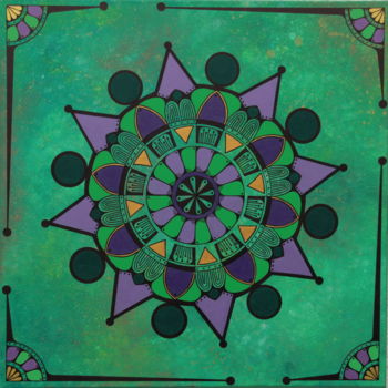 Painting titled "Green Mandala" by Kunaku, Original Artwork, Acrylic