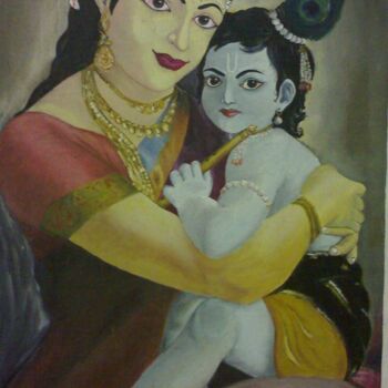 Картина под названием "Yashoda and Krishna" - Kunal Nandi, Подлинное произведение искусства, Масло