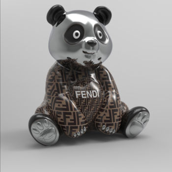 Skulptur mit dem Titel "Panda Kuro Brown Fe…" von Thibault Kuro, Original-Kunstwerk, Harz