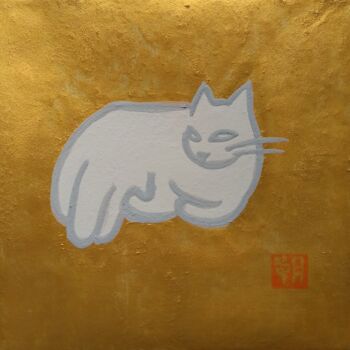 Painting titled "NIHONGA NEKO　Kogane" by Saku Kuronashi, Original Artwork, Pigments