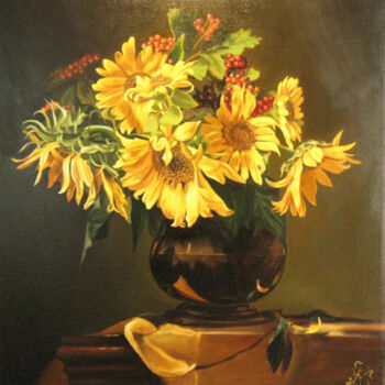 Картина под названием "Подсолнух в вазе (к…" - Виталий Курортный, Подлинное произведение искусства, Масло