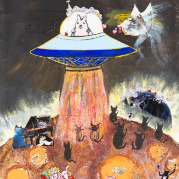 Картина под названием "Planet der Katzen" - Kurt Manhart, Подлинное произведение искусства, Акрил