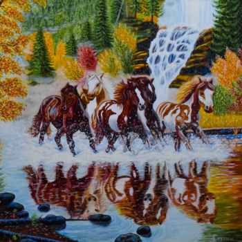 Peinture intitulée "Лошадки" par Galina Kuzina, Œuvre d'art originale, Huile