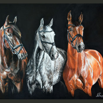 Dessin intitulée "mischievous horses" par Anna Pershneva, Œuvre d'art originale, Pastel