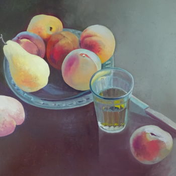 Peinture intitulée "Натюрморт с персика…" par Vadim Kuznetsov, Œuvre d'art originale, Huile