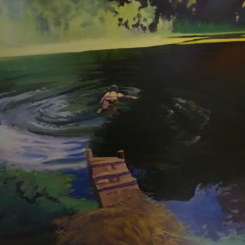 Schilderij getiteld "Пейзаж с купальщицей" door Vadim Kuznetsov, Origineel Kunstwerk, Olie