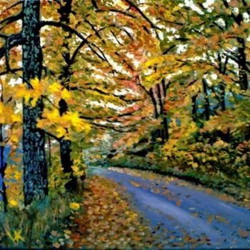 Schilderij getiteld "Autumn road" door Vitalii Kruhlov, Origineel Kunstwerk, Olie