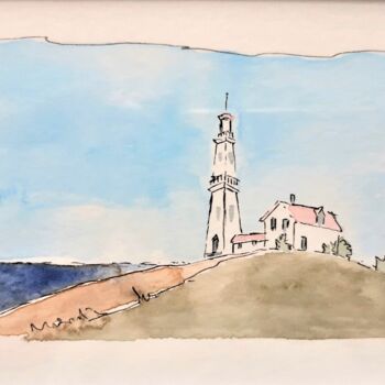 Painting titled "Le phare sur la col…" by Jacek Wendzonka, Original Artwork, Watercolor Mounted on Cardboard