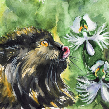 Painting titled "Кошка и орхидеи" by Kella, Original Artwork, Watercolor