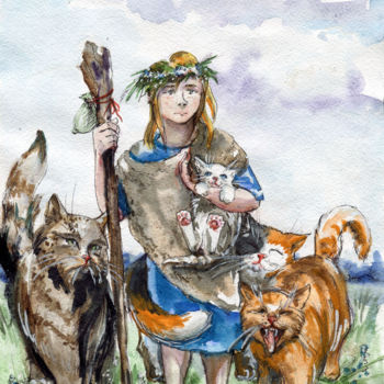 Pintura intitulada "Пастух кошек" por Kella, Obras de arte originais, Aquarela