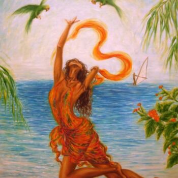 Painting titled "Caribbean Joy II" by Kyoko Yamaji, Original Artwork, Oil Mounted on Wood Stretcher frame