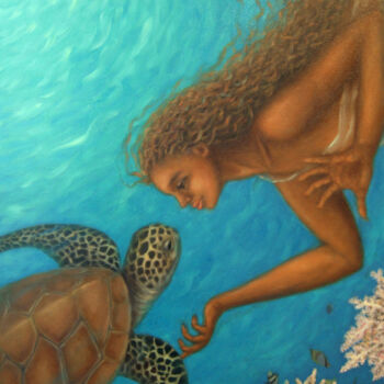 Painting titled "Sea Turtle" by Kyoko Yamaji, Original Artwork, Oil Mounted on Wood Stretcher frame