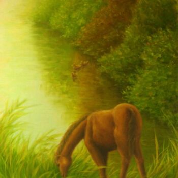 Painting titled "Horse and Ducks" by Kyoko Yamaji, Original Artwork, Oil