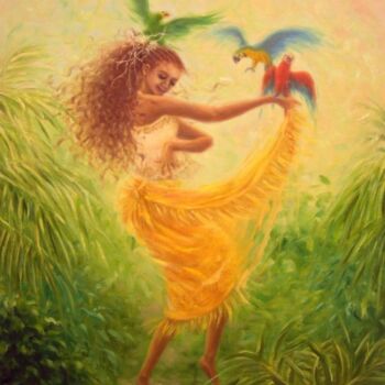 제목이 "Dance with parrots 2"인 미술작품 Kyoko Yamaji로, 원작, 기름 나무 들것 프레임에 장착됨