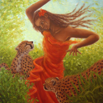 Painting titled "Dance with Cheetahs" by Kyoko Yamaji, Original Artwork, Oil Mounted on Wood Stretcher frame