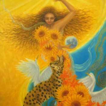 Картина под названием "Sun Goddess 2" - Kyoko Yamaji, Подлинное произведение искусства, Масло Установлен на Деревянная рама…